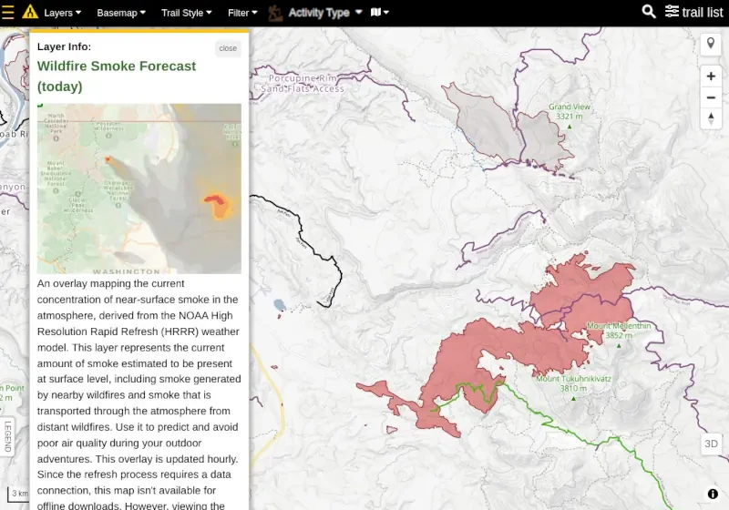 active wildfires and smoke layer