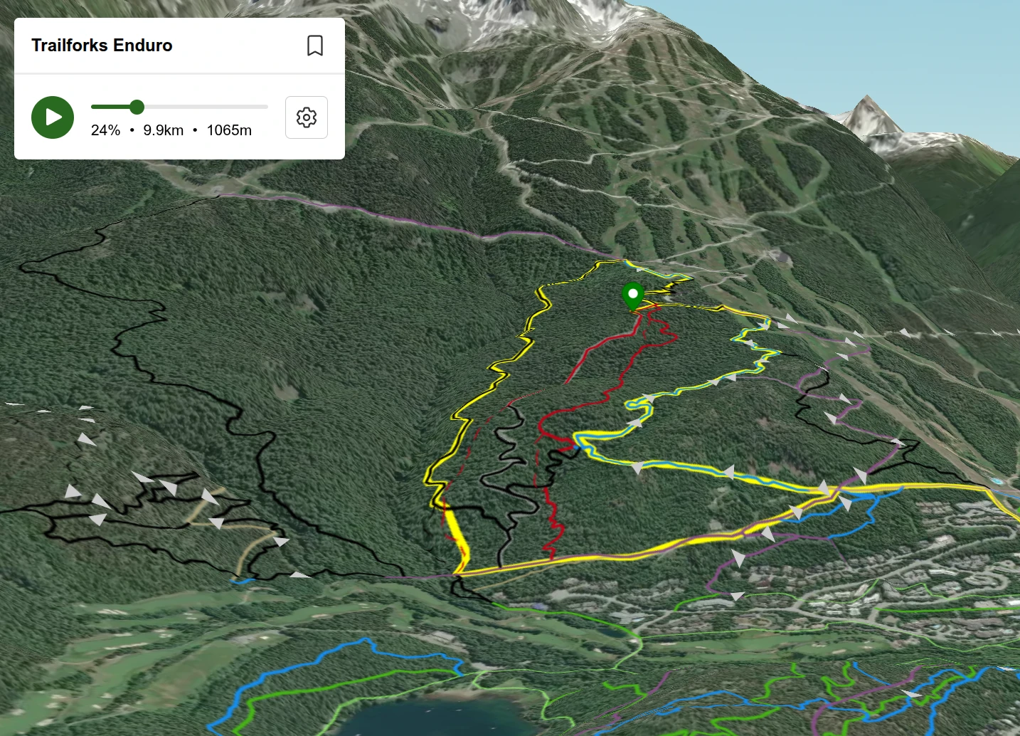 Virtual 3D flyover of the course — 3D terrain with the course line