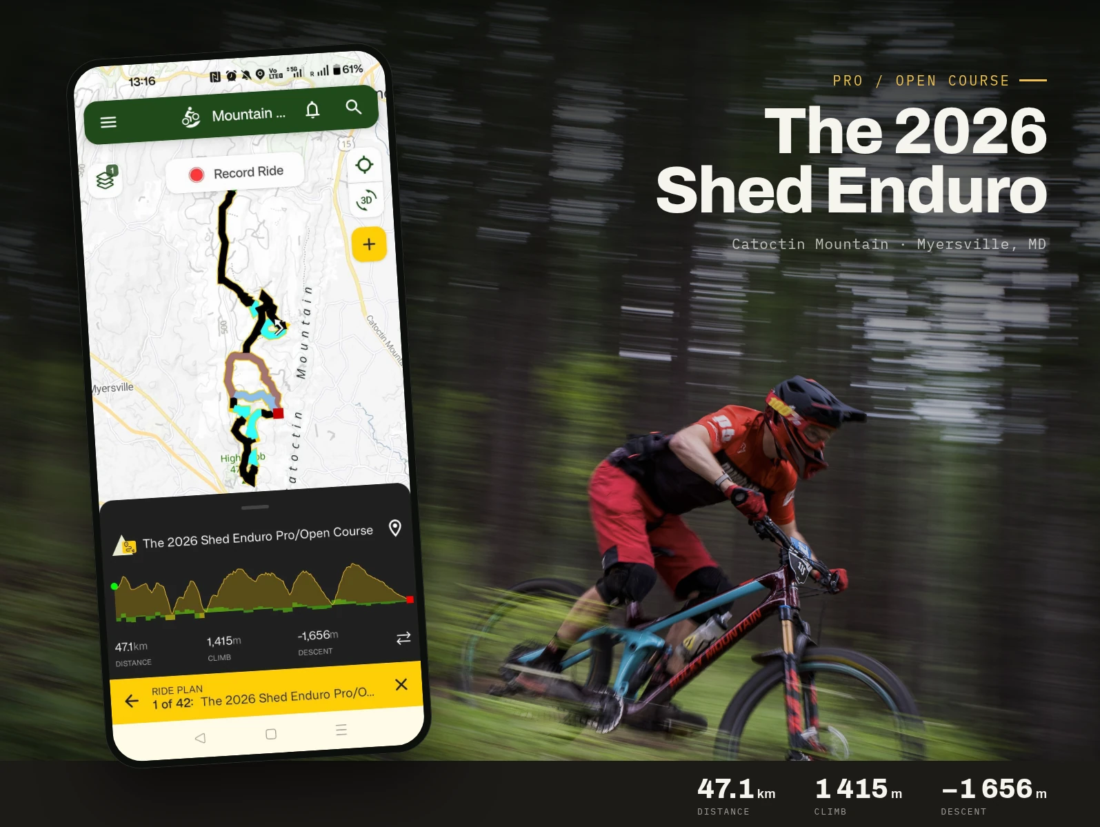 Trailforks app following the race course on the trail