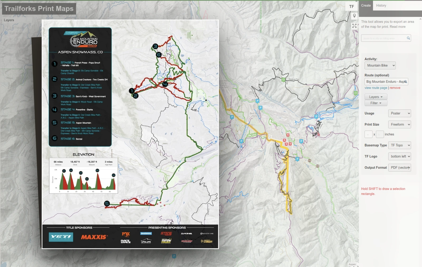 Race course poster created from a Trailforks print map export - stages, elevation profile & sponsor logos