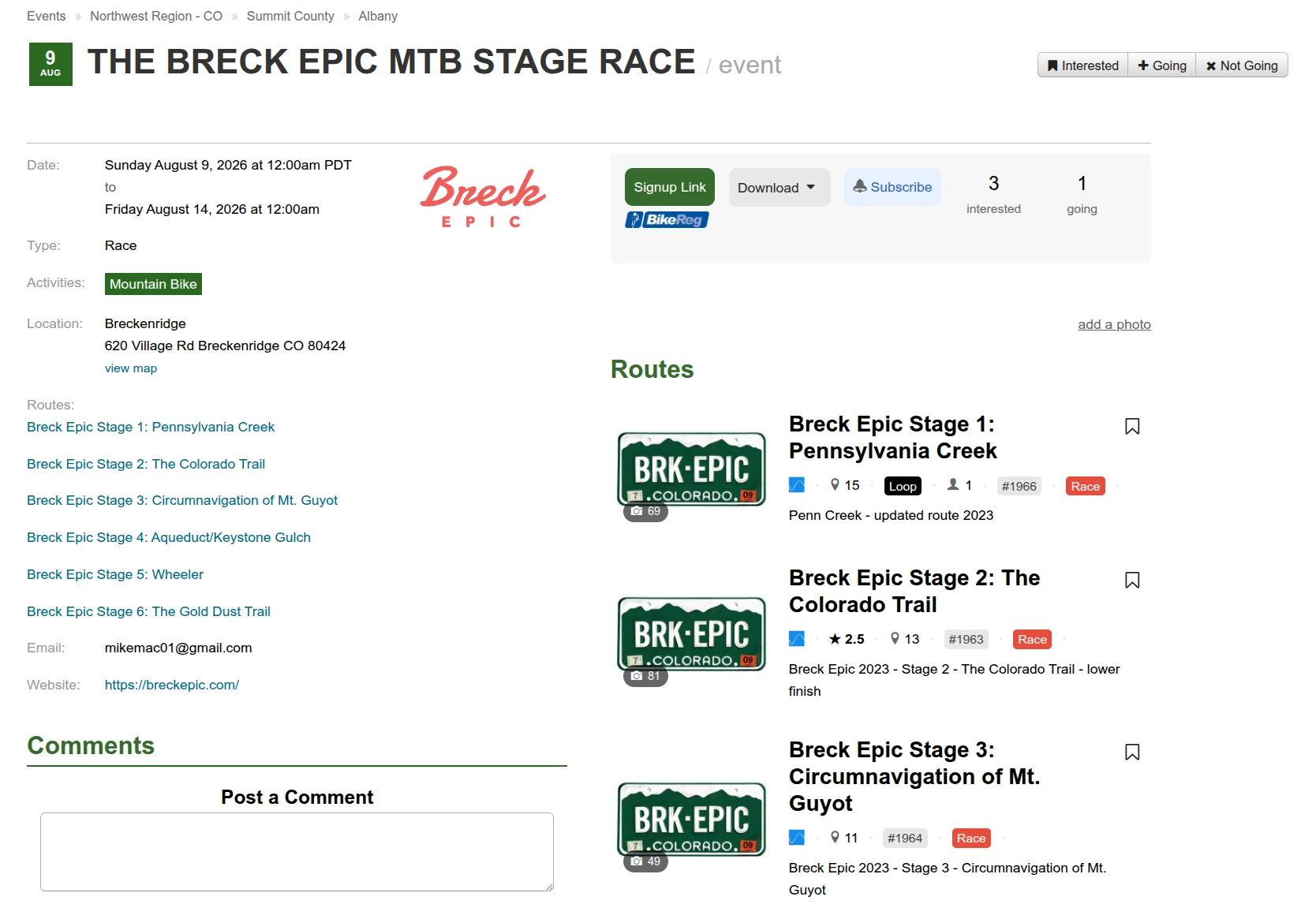 Trailforks event page for a race — date, race type, RSVP & the attached race course