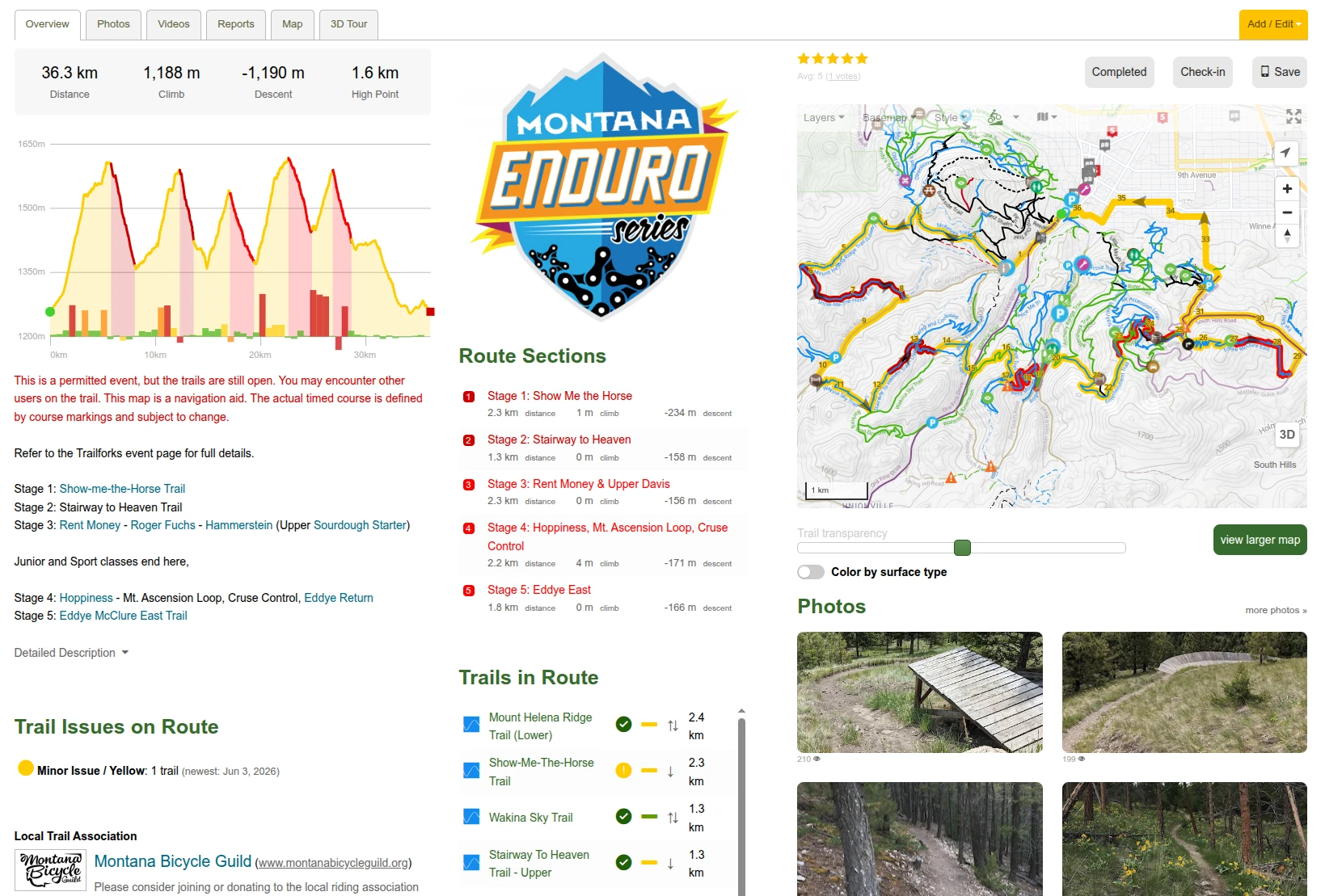 Race course route page on Trailforks with course map, stages, stats & elevation profile